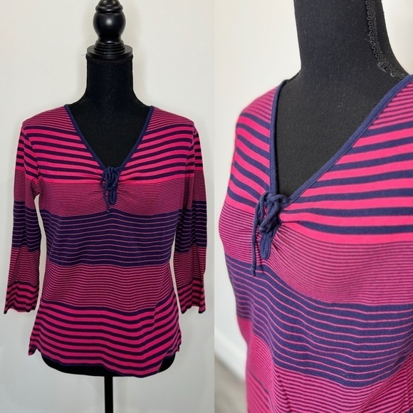 Amber Sun Blue and Pink Stripe Front Tie Lightweight Sweater (Medium) - Picture 1 of 6